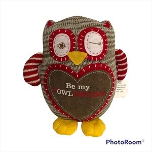 Be My VOWLENTINE Knit Plush Owl Brown Red White Yellow 9" x 7" Sand Bottom